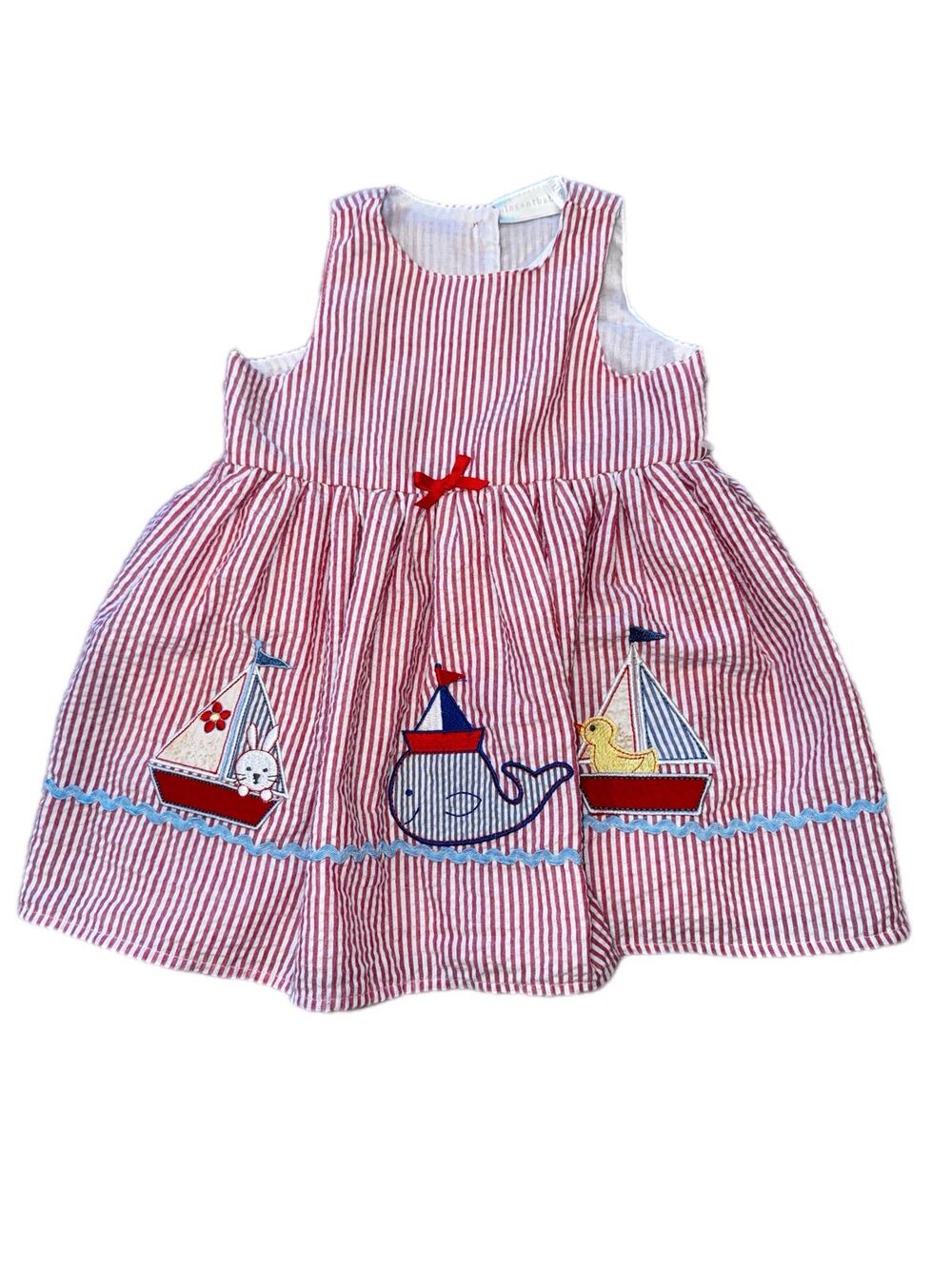 Elegant Baby 12M Seersucker Dress/Bloomers Set/Red/White Striped Whale Sailboat